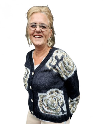 Vest zwart met strassbloemen Vest zwart met strassbloemen