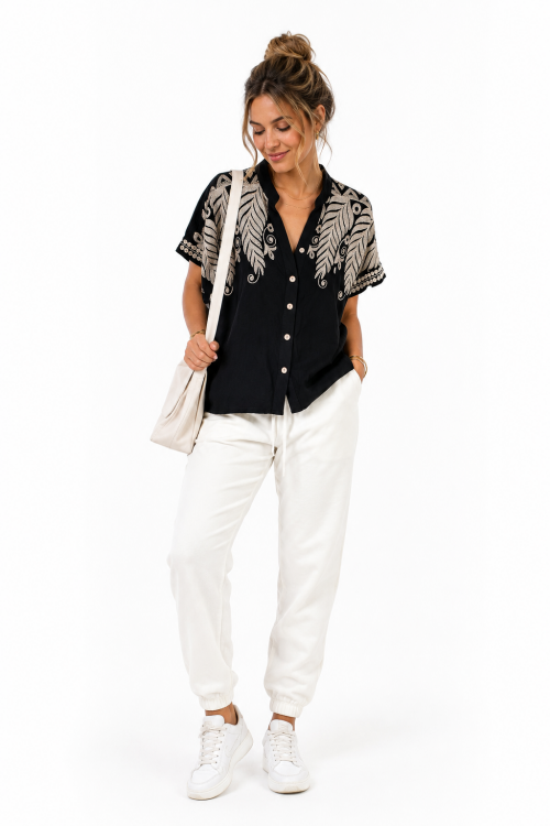 Zwarte Damesblouse met Goud Borduursel
