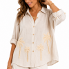 Blouse Zandkleur met Geborduurde Palmbomen Blouse Zandkleur met Geborduurde Palmbomen