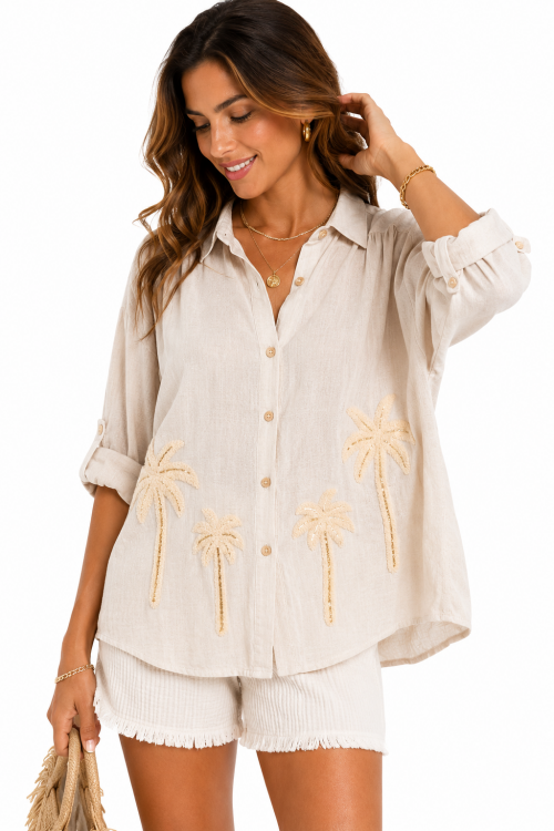 Blouse Zandkleur met Geborduurde Palmbomen Blouse Zandkleur met Geborduurde Palmbomen