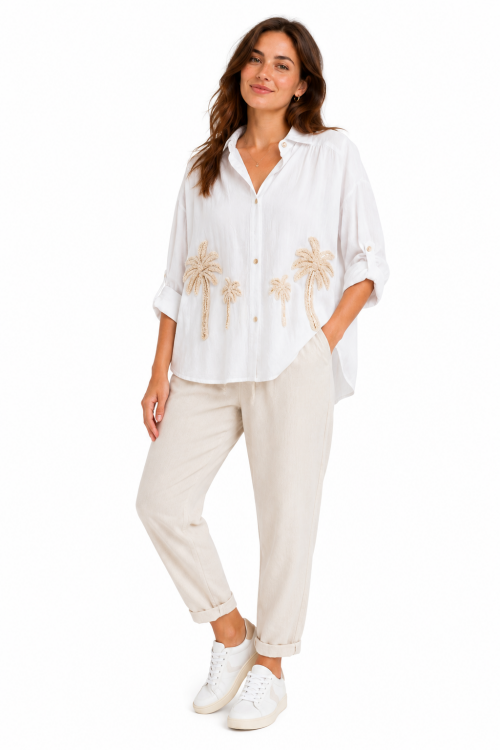 Blouse wit met Geborduurde Palmbomen lm
