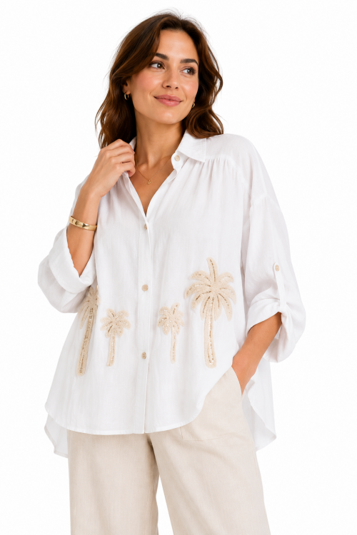 Blouse wit met Geborduurde Palmbomen