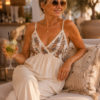 Beige One-Size top met ingelegde pailletten en verstelbare schouderbandjes . Style Beige One-Size top met ingelegde pailletten en verstelbare schouderbandjes . Style