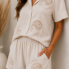 Beige Tweedelige Dames Set met Broderie