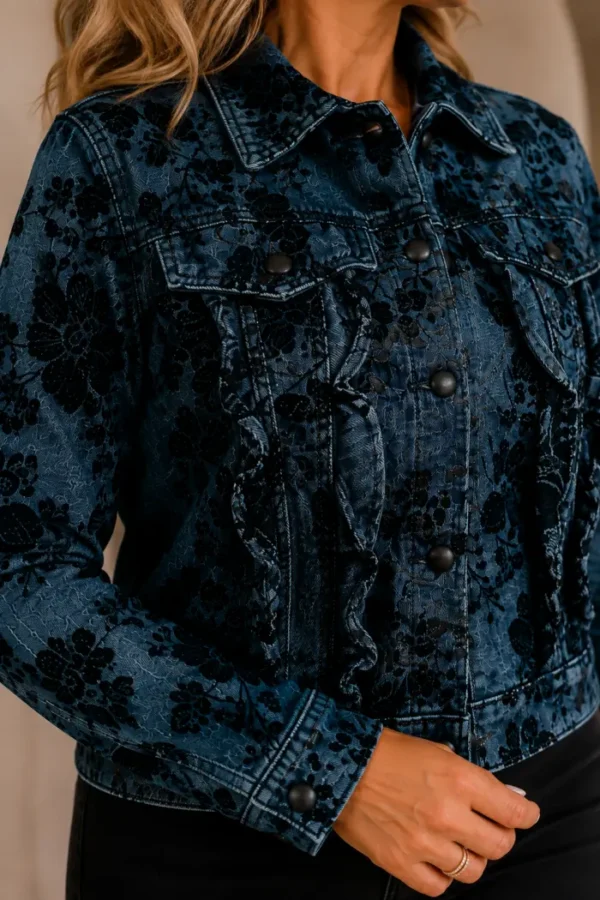 Trendy blauw damesjasje met bloemenprint detail Trendy blauw damesjasje met bloemenprint detail
