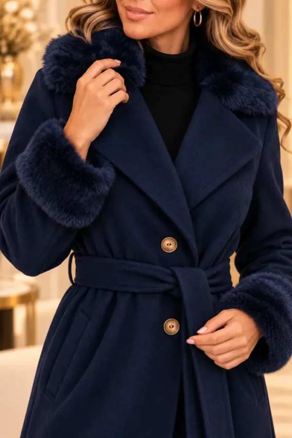 Donkerblauwe Damesmantel met Bontkraag Donkerblauwe Damesmantel met Bontkraag