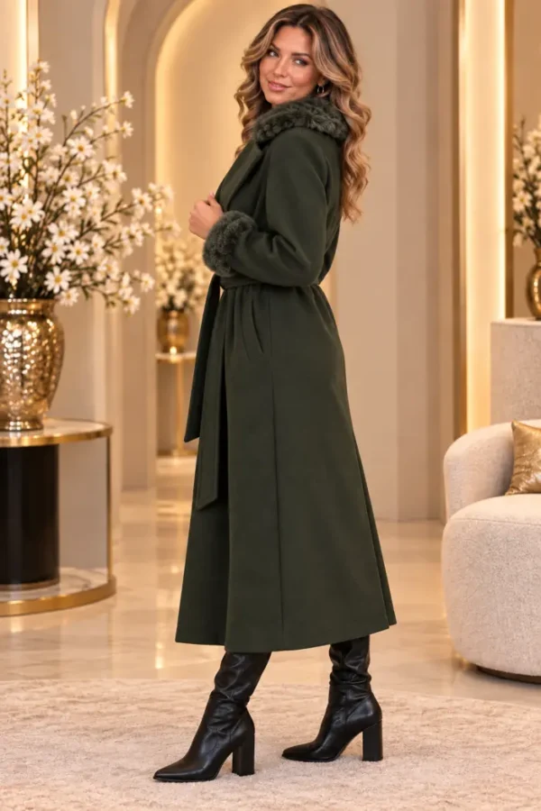 Donkergroene Damesmantel met Bontlook | Valentina | Links Donkergroene Damesmantel met Bontlook | Valentina | Links