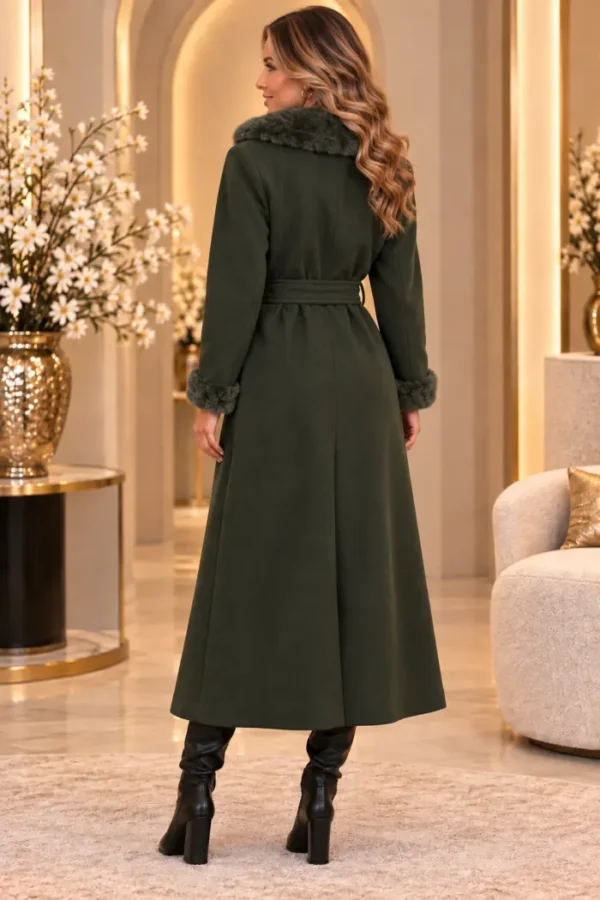 Donkergroene Damesmantel met Bontlook | Valentina | Achter Donkergroene Damesmantel met Bontlook | Valentina | Achter