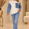 Crème Dames Trui met Denim Mouwen Lopend Crème Dames Trui met Denim Mouwen Lopend