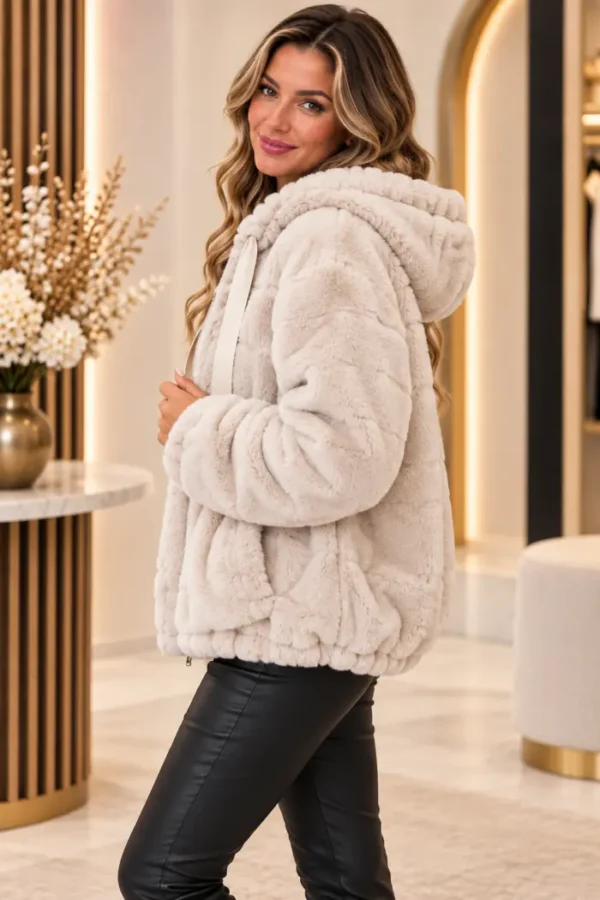 Beige Dames Teddy Hoody Jas met Capuchon links Beige Dames Teddy Hoody Jas met Capuchon links