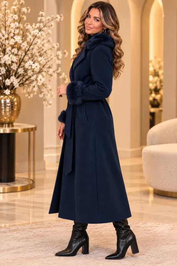 Donkerblauwe Damesmantel met Bontkraag Donkerblauwe Damesmantel met Bontkraag
