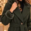 Donkergroene Damesmantel met Bontlook | Valentina | Detail Donkergroene Damesmantel met Bontlook | Valentina | Detail