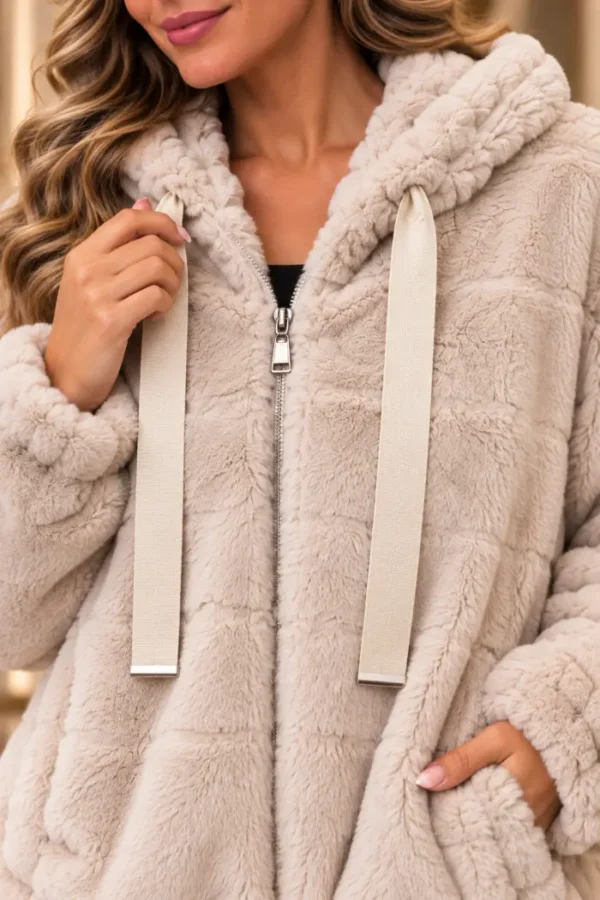 Beige Dames Teddy Hoody Jas met Capuchon detail Beige Dames Teddy Hoody Jas met Capuchon detail