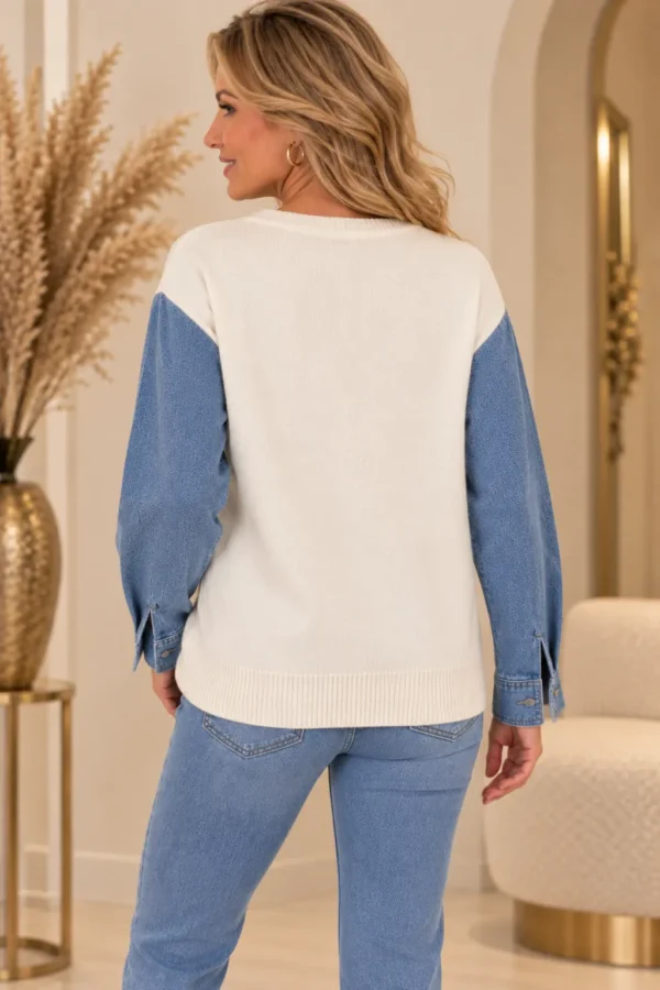 Crème Dames Trui met Denim Mouwen Standaard Crème Dames Trui met Denim Mouwen Standaard