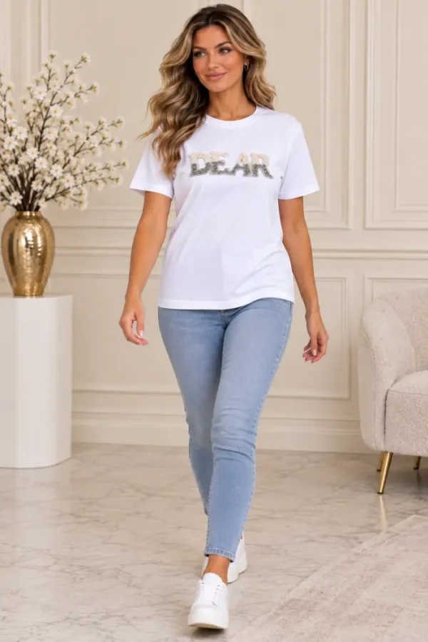 Wit Dames T-shirt DEAR lopend Wit Dames T-shirt DEAR lopend