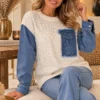 Crème Dames Trui met Denim Mouwen Life Crème Dames Trui met Denim Mouwen Life