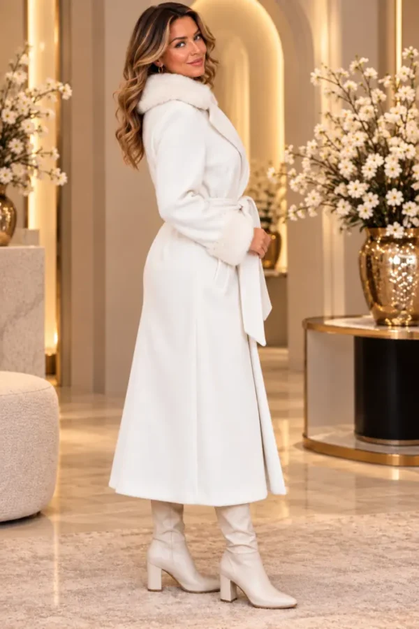 Witte Damesmantel met Bontlook links Witte Damesmantel met Bontlook links