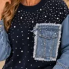 Donkerblauwe Dames Trui met Denim Mouwen Detail Donkerblauwe Dames Trui met Denim Mouwen Detail