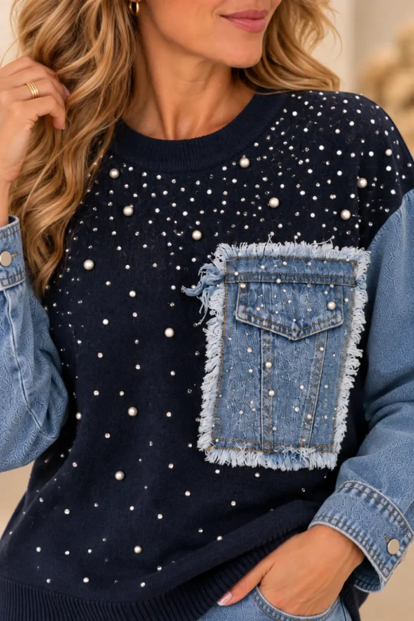 Donkerblauwe Dames Trui met Denim Mouwen Detail Donkerblauwe Dames Trui met Denim Mouwen Detail