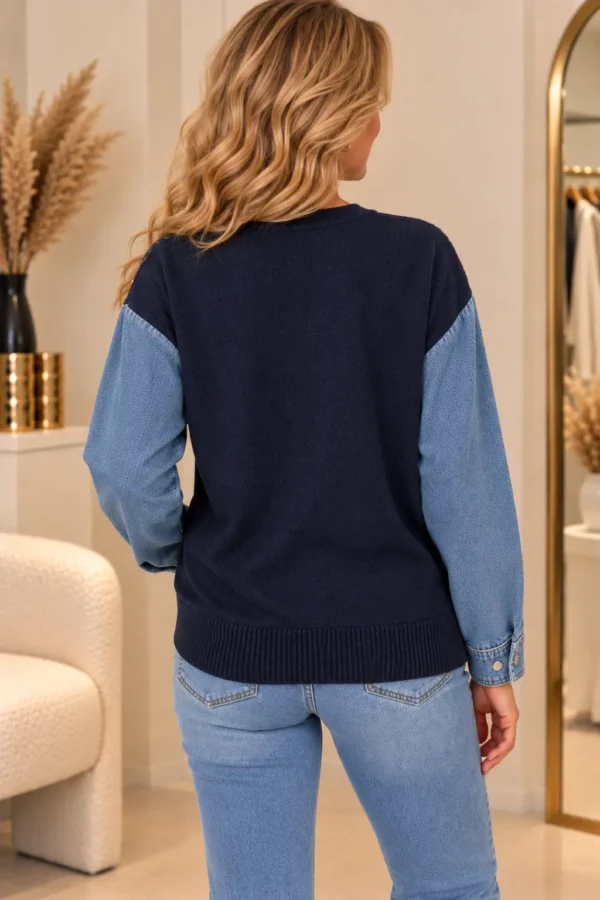 Donkerblauwe Dames Trui met Denim Mouwen Achter Donkerblauwe Dames Trui met Denim Mouwen Achter
