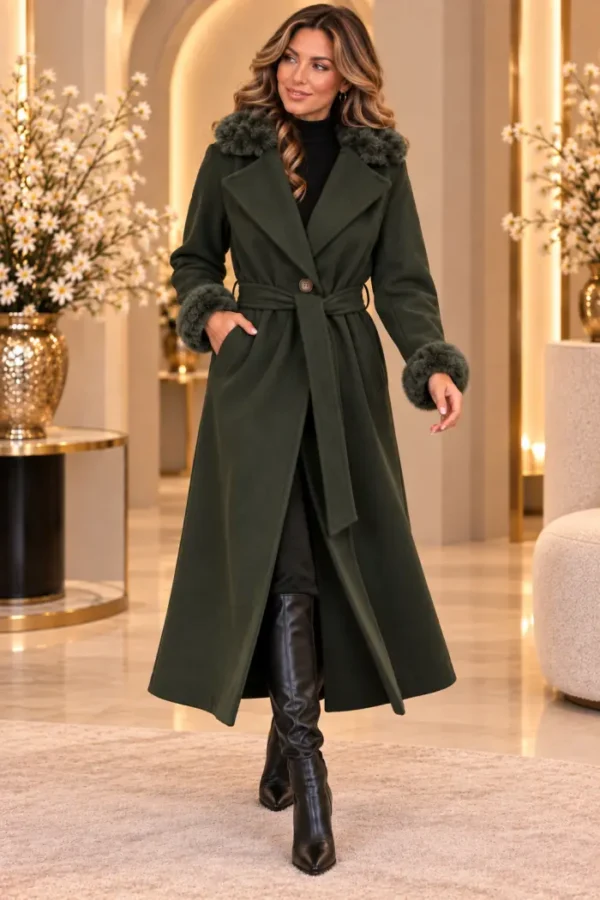 Donkergroene Damesmantel met Bontlook | Valentina | lopend Donkergroene Damesmantel met Bontlook | Valentina | lopend