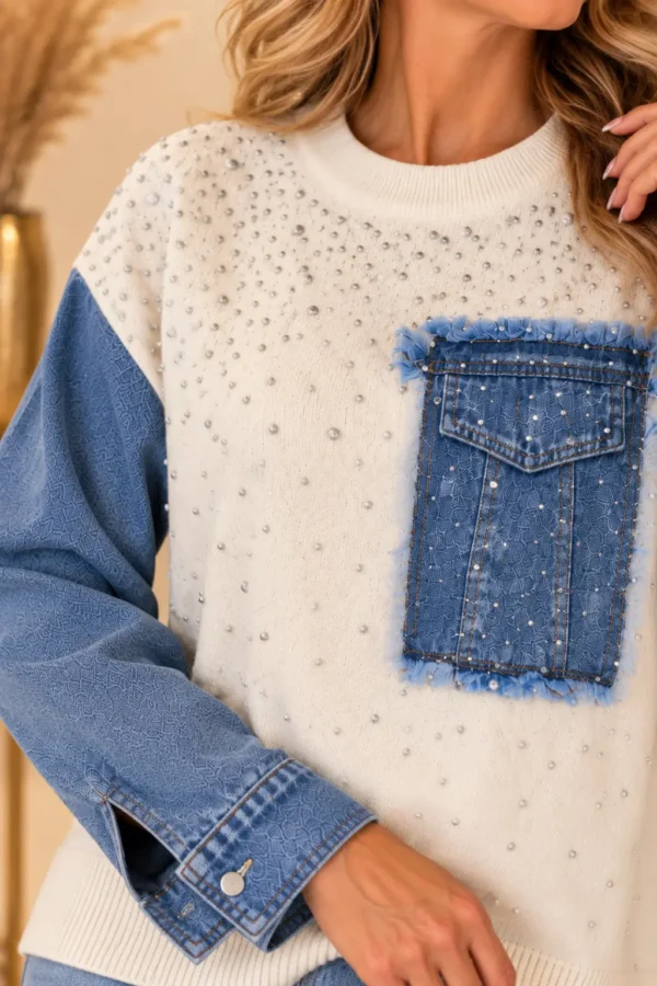 Crème Dames Trui met Denim Mouwen Detail Crème Dames Trui met Denim Mouwen Detail