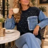 Donkerblauwe Dames Trui met Denim Mouwen life Donkerblauwe Dames Trui met Denim Mouwen life
