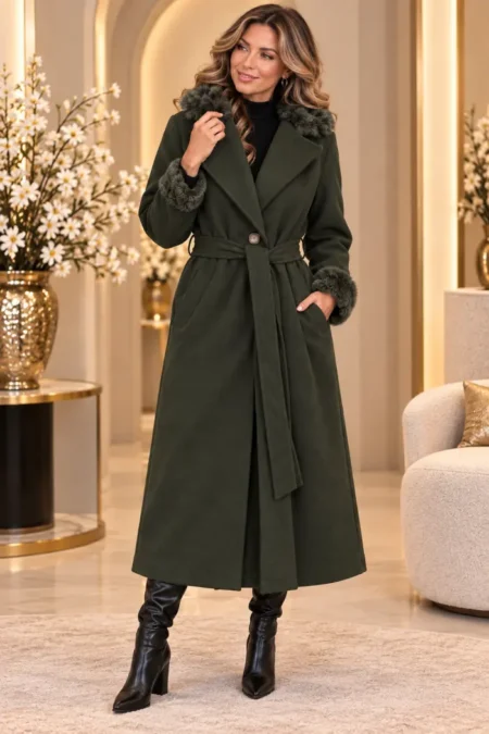 Donkergroene Damesmantel met Bontlook | Valentina Donkergroene Damesmantel met Bontlook | Valentina