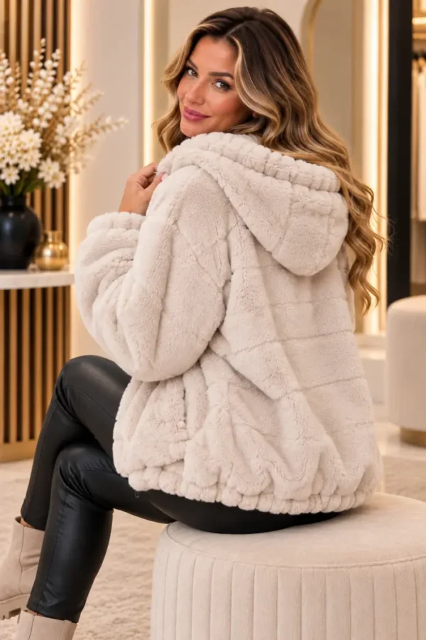 Beige Dames Teddy Hoody Jas met Capuchon zittend Beige Dames Teddy Hoody Jas met Capuchon zittend