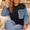 Donkerblauwe Dames Trui met Denim Mouwen Achter Donkerblauwe Dames Trui met Denim Mouwen Achter