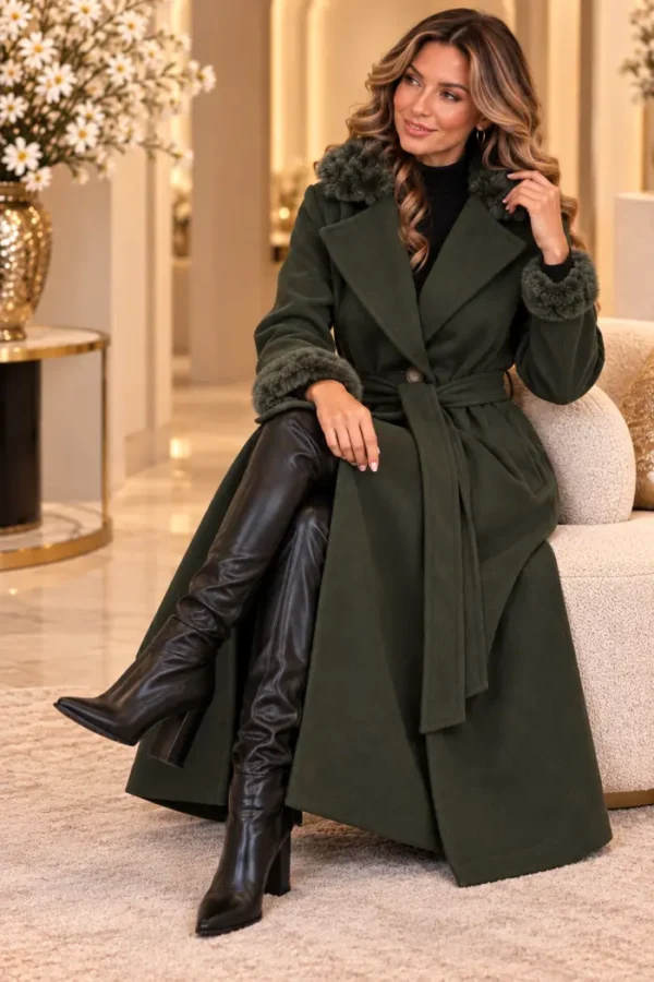 Donkergroene Damesmantel met Bontlook | Valentina | Zittend Donkergroene Damesmantel met Bontlook | Valentina | Zittend