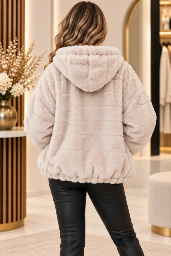 Beige Dames Teddy Hoody Jas met Capuchon achter Beige Dames Teddy Hoody Jas met Capuchon achter
