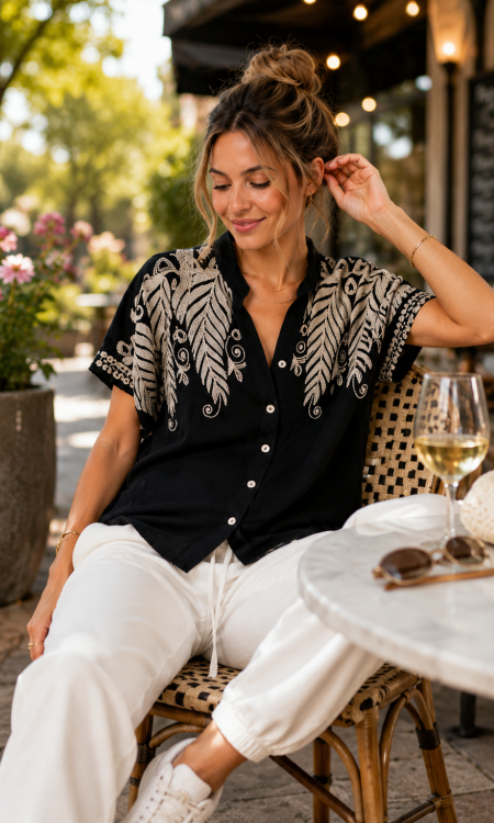 Zwarte Damesblouse met Goud Borduursel